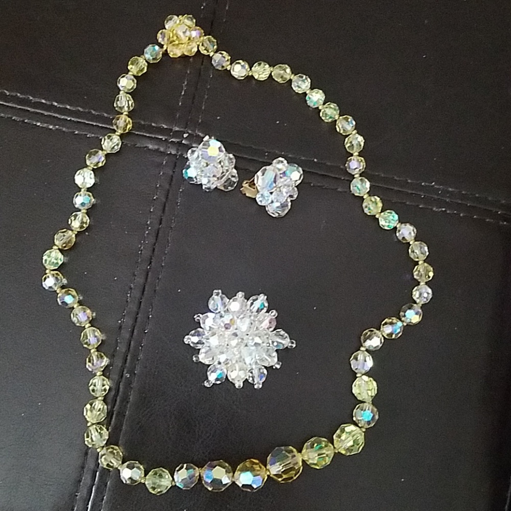 Vintage Crystal Necklace, Pin & Earrings Set
